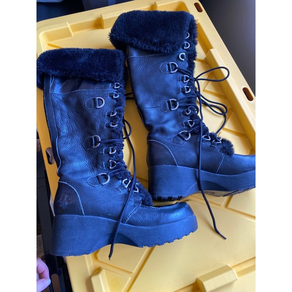 Vintage Y2K Report Leather Fur Black Platform Moto Biker Tall Boots 8 Bratz Goth - Picture 2 of 7